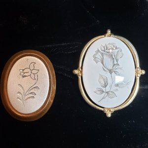 Two Flower Brooches - Etched Silver Daffodil & Painted Porcelain Rose